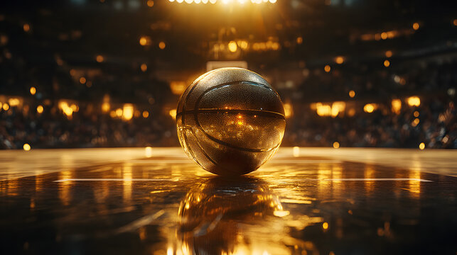An Eye-Catching Gold Basketball Illuminated by Court Lights Amidst an Enthusiastic Game Atmosphere