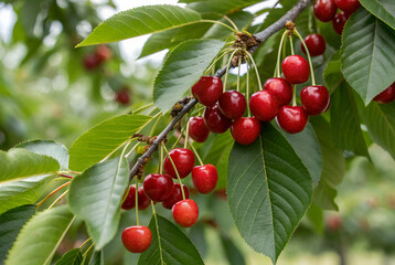 Obraz premium Ripe Red Cherries on Branch with Lush Green Leaves