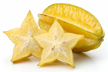 Fototapeta premium Ripe Yellow Star Fruit Slices and Whole Fruit on White Background, 