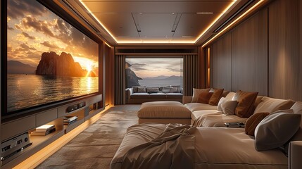Adjustable entertainment center in a sleek, modern home theater room with hidden compartments and cable organization.