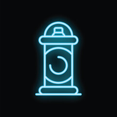 Blue neon sign of spray paint can glowing on black brick wall