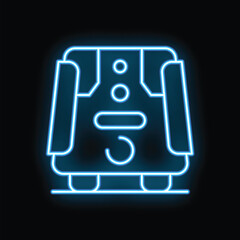 Bright blue neon train icon glowing on a dark background
