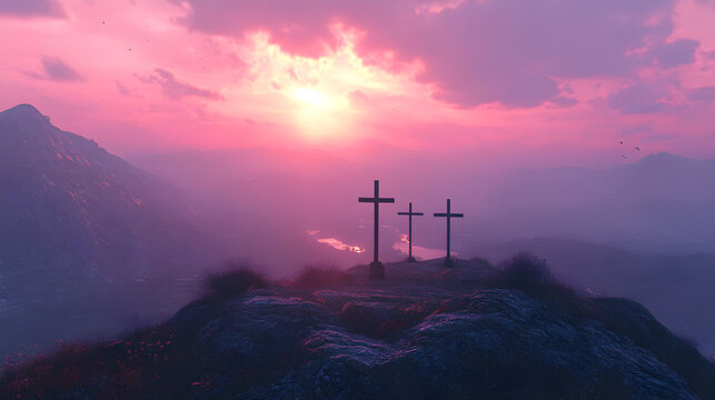 una montaña con tres cruces para celebrar el viernes santo la semana santa con un paisaje hermoso al atardecer celebracion cristiana catolica