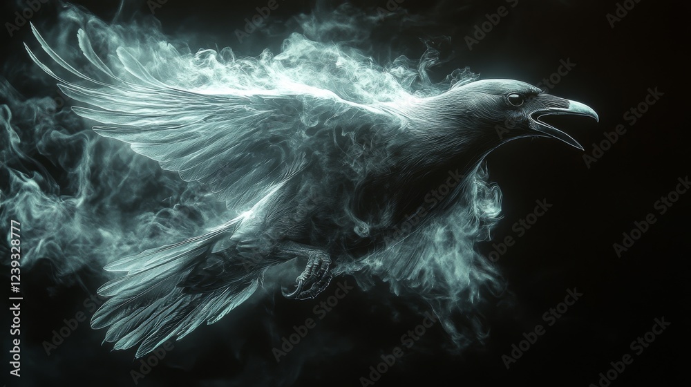 Poster A Phantasmal Raven in Flight: An Ethereal Artistic Depiction of a Mysterious Bird Emerging from Smoke and Shadow, Symbolizing Mystery, Magic, and the Unseen.