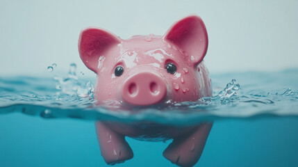Drowning piggy bank symbolizes savings struggling against rising inflation