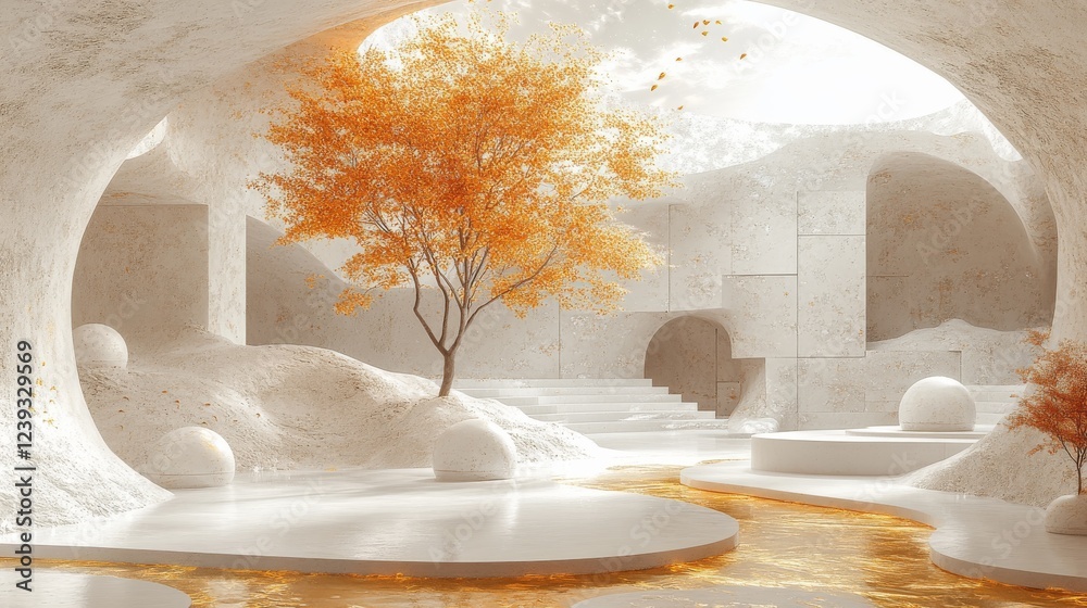 Poster Serene Autumnal Cave: Abstract Architectural Visualization of Tranquil Space with Golden Accents and a Vibrant Fall Tree