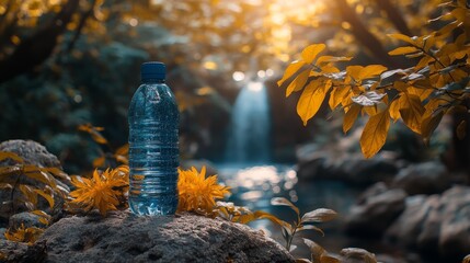Fototapeta premium Refreshing Hydration Break by a Serene Waterfall: A Captivating Autumn Scene