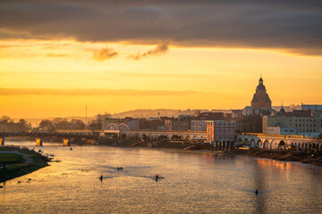 Obraz premium Gorzow Wielkopolski city skyline overlooking St. Mary's church tower at sunset. Poland