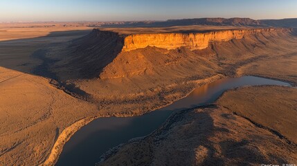 Sunset over desert mesa and river. Aerial landscape photo for travel brochures