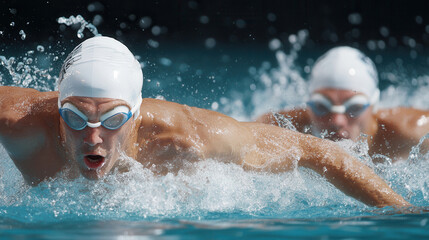 Swimmers compete in a fast-paced butterfly race at a summer swimming championship in an indoor pool