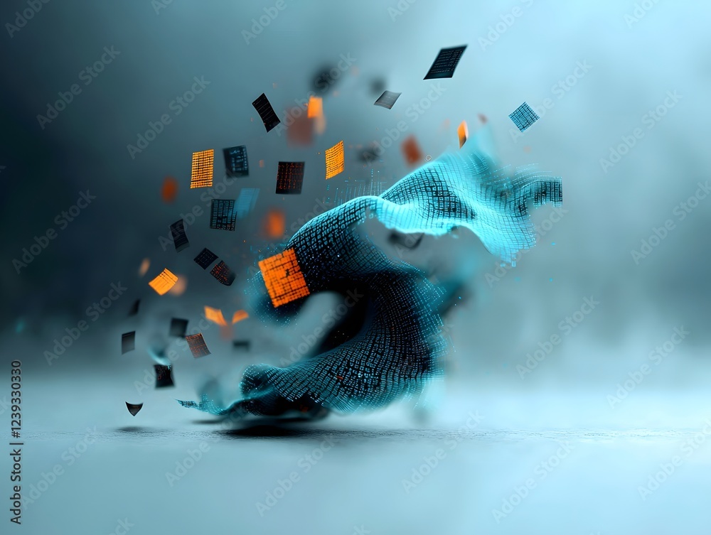 Poster undulating filaments of binary data and algorithmic elements emerge from a cloaked enigmatic setting