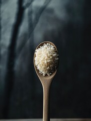 Organic Rice in a Wooden Spoon