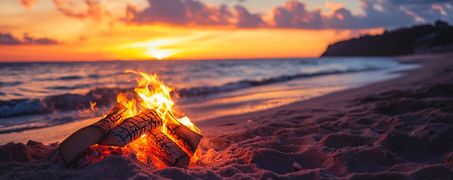 A tranquil beach sunset with a warm bonfire creating a cozy atmosphere.