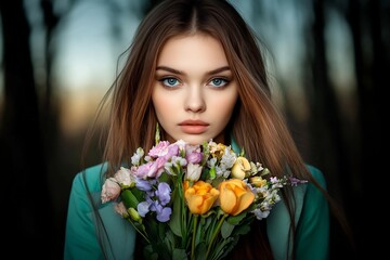 Naklejka premium Woman holding bouquet of flowers with blurred countryside