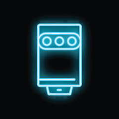 Blue neon icon of a water heater glowing on a black background