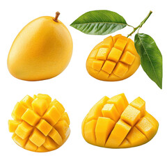 Fototapeta premium Golden mango fruit isolated on white. Whole, sliced, and diced pieces with green leaves in a clean grid. Freshness and tropical abundance. Ideal for menus, packaging, and recipe blogs.