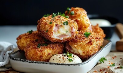 Deliciously crispy croquettes made from toast with ham and camembert cheese