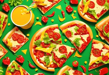 vibrant fast food spread arranged colorful backdrop featuring bright condiments visual culinary feast, appetizer, arrangement, beef, beverage, bowl