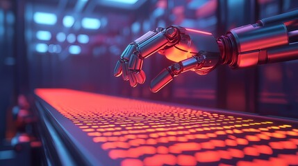 A futuristic robotic hand hovers over a glowing surface, showcasing advanced technology within a high-tech environment.