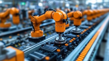 Industrial robotic arms assembling electronic components on a production line in a factory setting