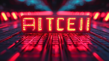 A bright red digital display reads "AITCEII," set against a dark, textured background, creating a striking visual effect.