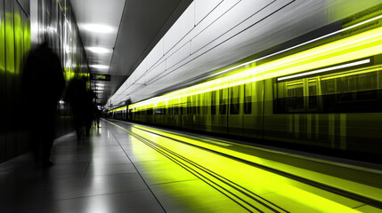 Obraz premium modern subway station with a high-speed train in motion, captured with motion blur. The futuristic lighting and dynamic perspective create an urban, fast-paced atmosphere