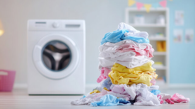 Mom organizes a laundry mountain into tidy stacks with a washing machine running and a transition from day to night lighting.A bunch of mud linen. The turn of washing