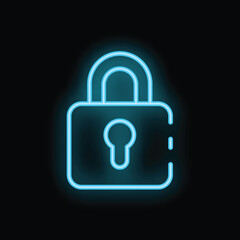 Blue neon padlock glowing on black background symbolizing security in digital world