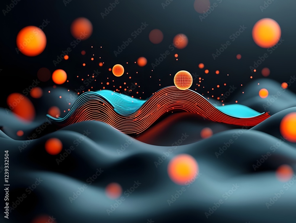Poster vibrant neon wireframe constructs undulating sine waves of binary data and intricate fractal like pa
