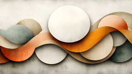 Abstract geometric composition with overlapping circles and wavy shapes in earthy tones of orange, beige, and gray against a textured background