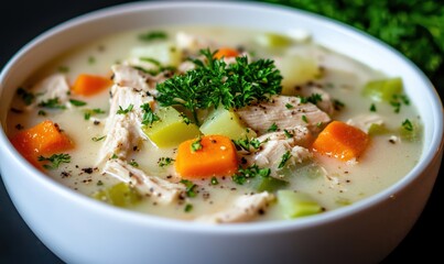 Delicious waterzooi soup featuring chicken and fresh vegetables in creamy broth