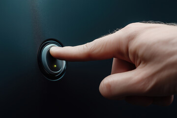 Finger pressing a button on a sleek, modern device in a dimly lit environment