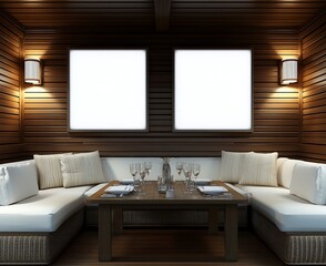 Fototapeta premium Cozy lounge area with wooden walls and elegant seating arrangement