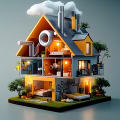 Warm and inviting home with intricate network of pipes and conduits celebrating the hidden workings that enable modern living