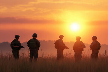 Fototapeta premium Soldiers in silhouette during sunset in a tranquil landscape