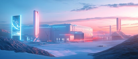 Fototapeta premium Futuristic Desert Facility Utilizing Automation Technology at Sunset