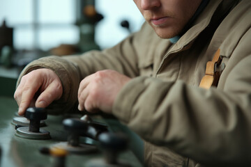Operator adjusts controls in an industrial setting during daytime work hours