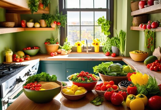 vibrant color filled bowls overflowing fresh ingredients displaying array fresh wholesome grains bright shades, vegetable, fruit, salad, quinoa, berry - Powered by Adobe