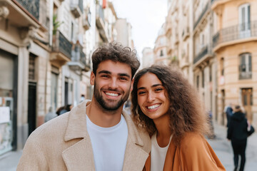 Obraz premium Smiling couple poses for a cheerful moment in a lively city street of Barcelona