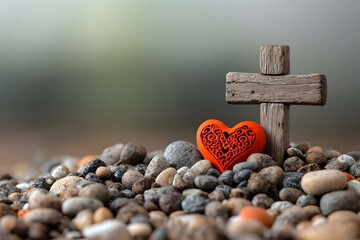 Weathered wooden cross and intricate heart motif nestled amongst pebbles embodying the dichotomy of faith and humanity in a cinematic tranquil pastoral setting with classical religious influences