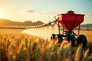 Fototapeta premium Red sprinkler distributes chemical over a large wheat field, planting, agriculture