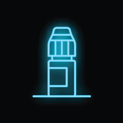 Blue neon sign of vape liquid bottle glowing on black background