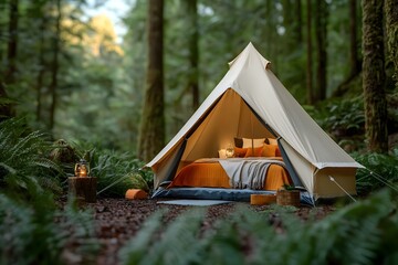 Whimsical forest glamping experience featuring a cozy and refined cabin style tent interior brimming with sumptuous bedding thoughtful design touches