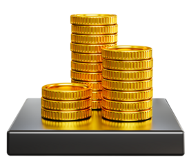 Stacks of golden coins on a black pedestal. Wealth concept. Transparent background
