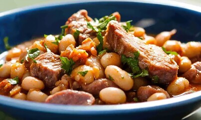 Delicious fasole cu ciolan served in a blue bowl for winter comfort