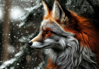 Fototapeta premium Majestic Red Fox in Snowy Forest Environment with Pine Trees