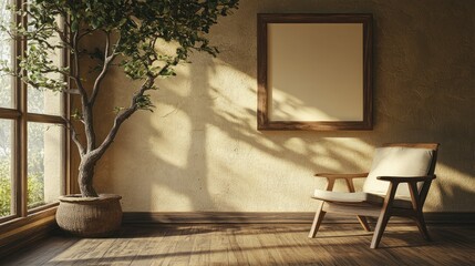 Sunlit Room Chair, Plant, Blank Frame,  Cozy Interior Design