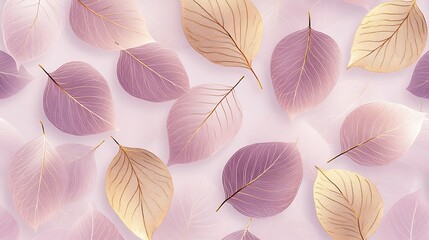Pastel Leaves with Gold Accents on Pink Background