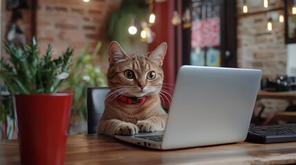 Ginger cat attentively working on a laptop in a cozy home office setting