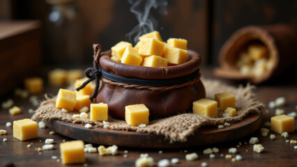 Fototapeta premium Beef tallow in a brown pot with cubed cheese on top, surrounded by grains of salt on a wooden surface.